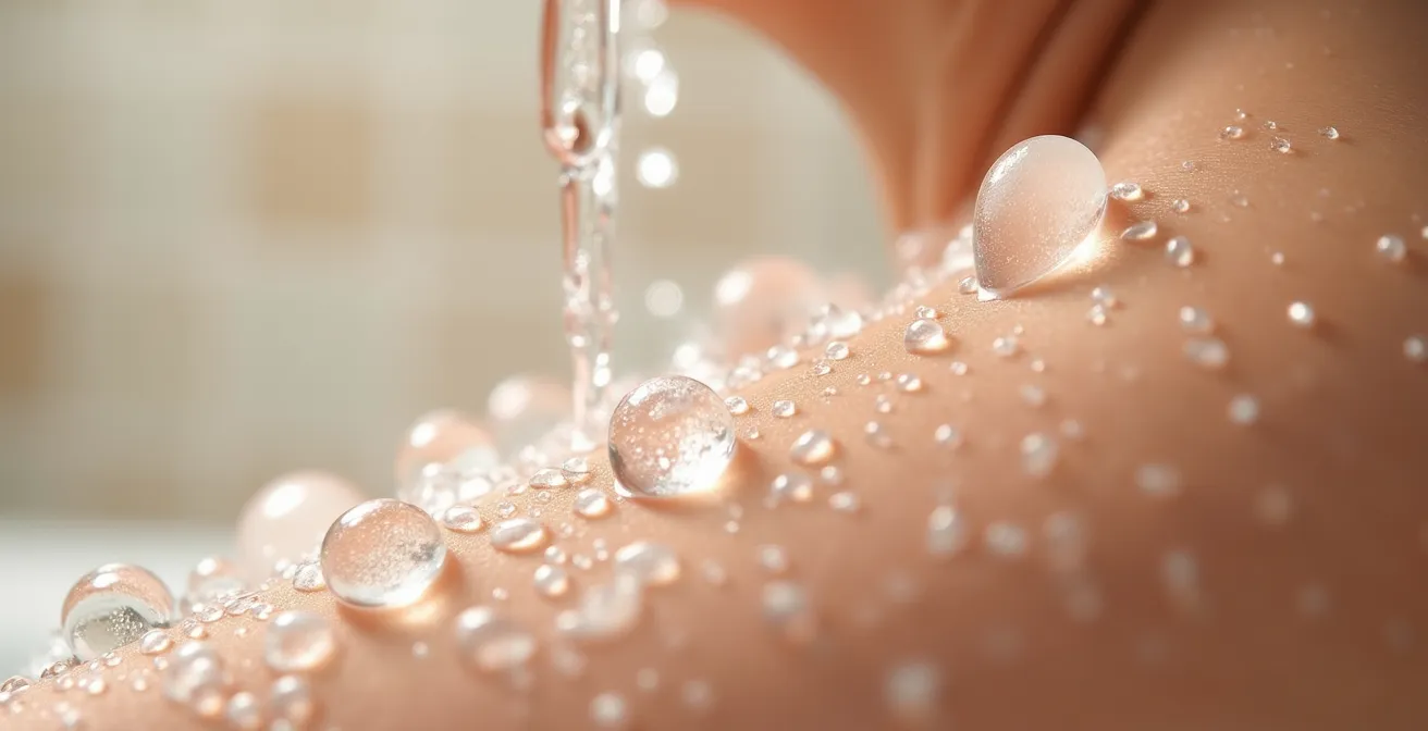 Gros plan sur de l'eau tiède coulant sur une peau avec vapeur douce en arrière-plan