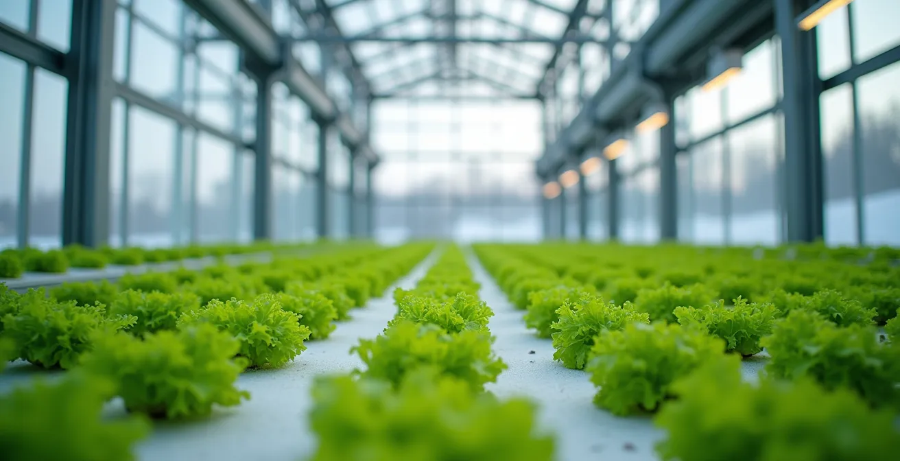Intérieur d'une serre verticale québécoise moderne avec cultures hydroponiques en plein hiver