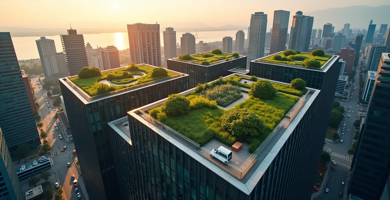 Vue aérienne minimaliste d'édifices corporatifs du centre-ville de Montréal avec espaces verts