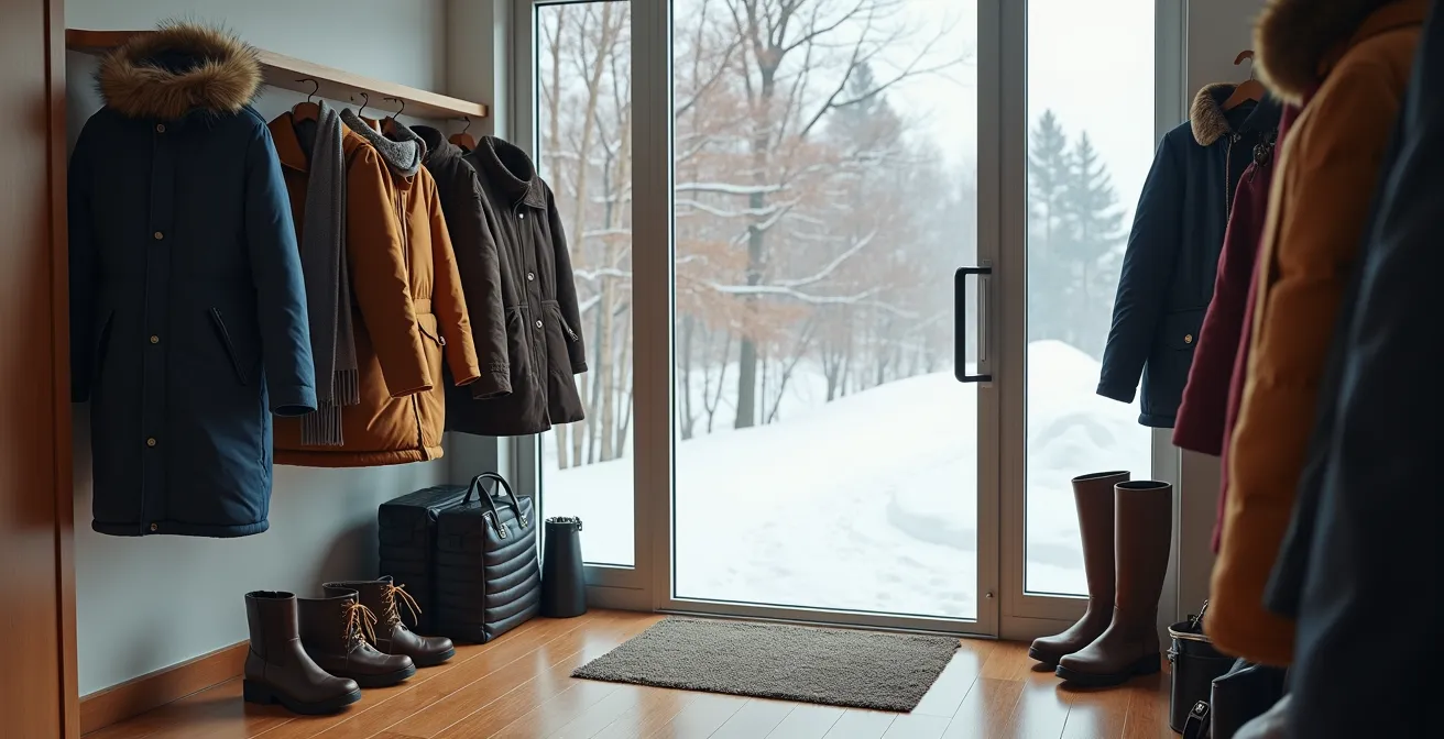 Démonstration visuelle du système multicouche d'habillement hivernal québécois avec bottes et manteau