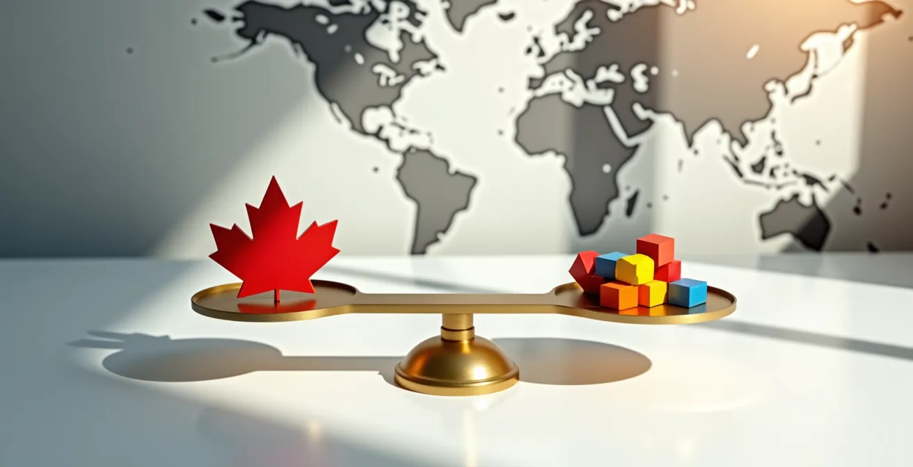 Vue minimaliste d'un bureau avec balance en équilibre et éléments représentant différents marchés mondiaux