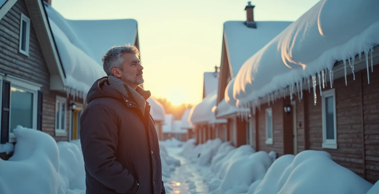 Toiture québécoise montrant une accumulation dangereuse de neige avec formation de barrages de glace