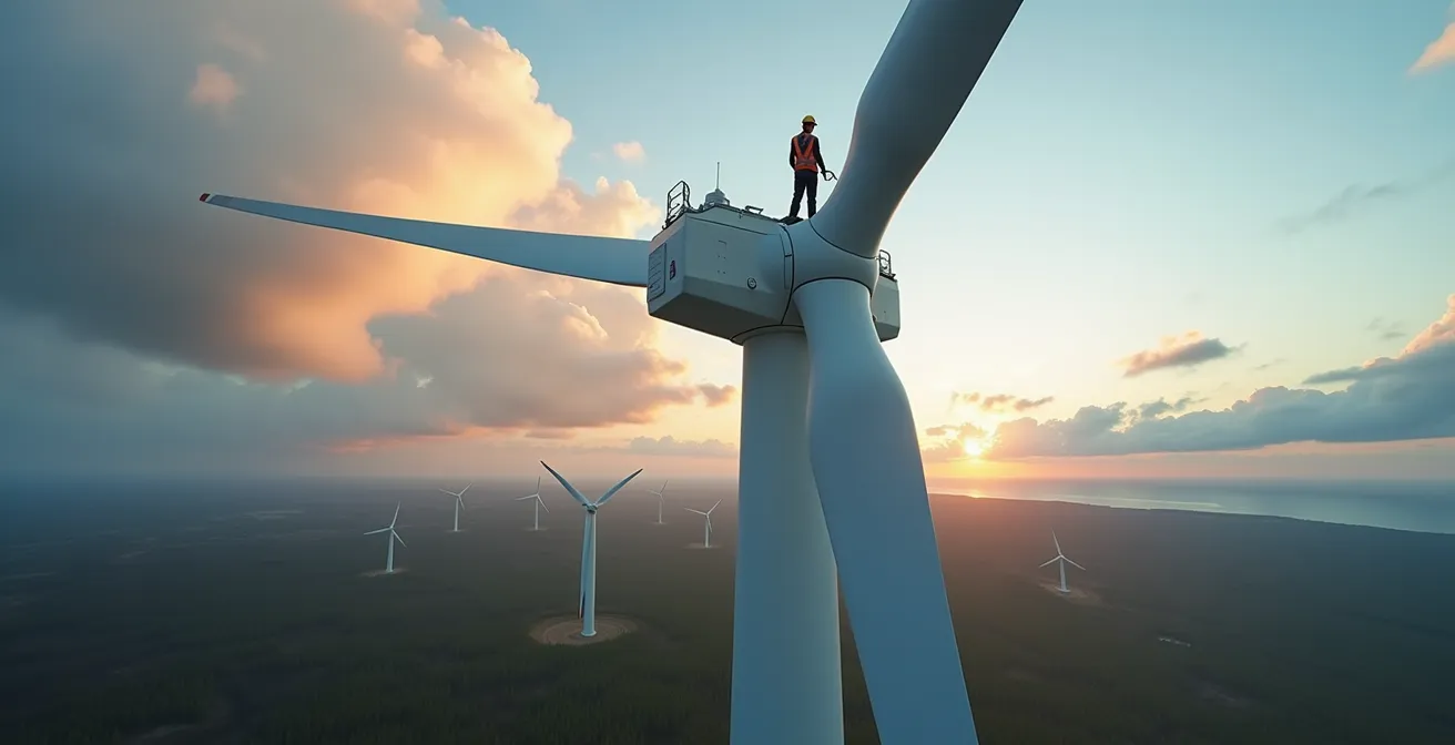 Technicien travaillant sur une éolienne avec vue panoramique de la Gaspésie