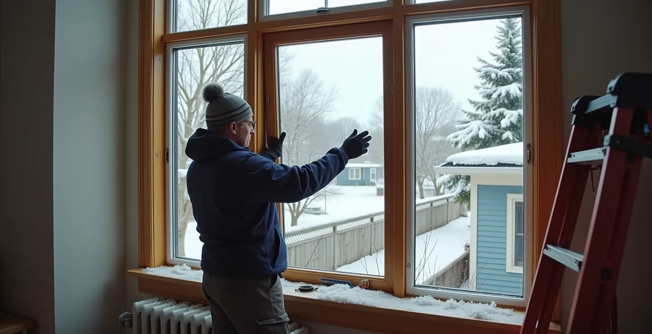 Technicien installant un thermos de fenêtre en conditions hivernales québécoises