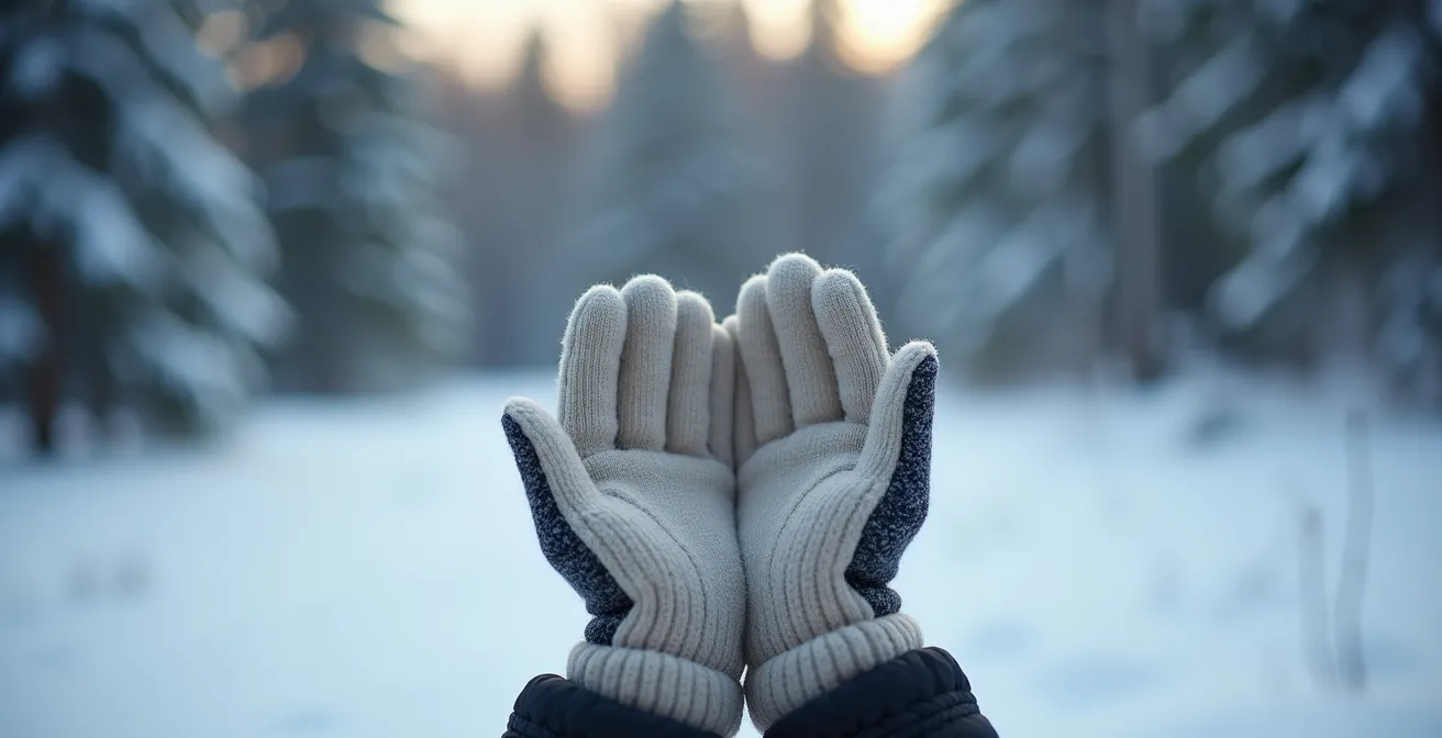 Mains protégées par des gants en laine mérinos dans un environnement hivernal québécois