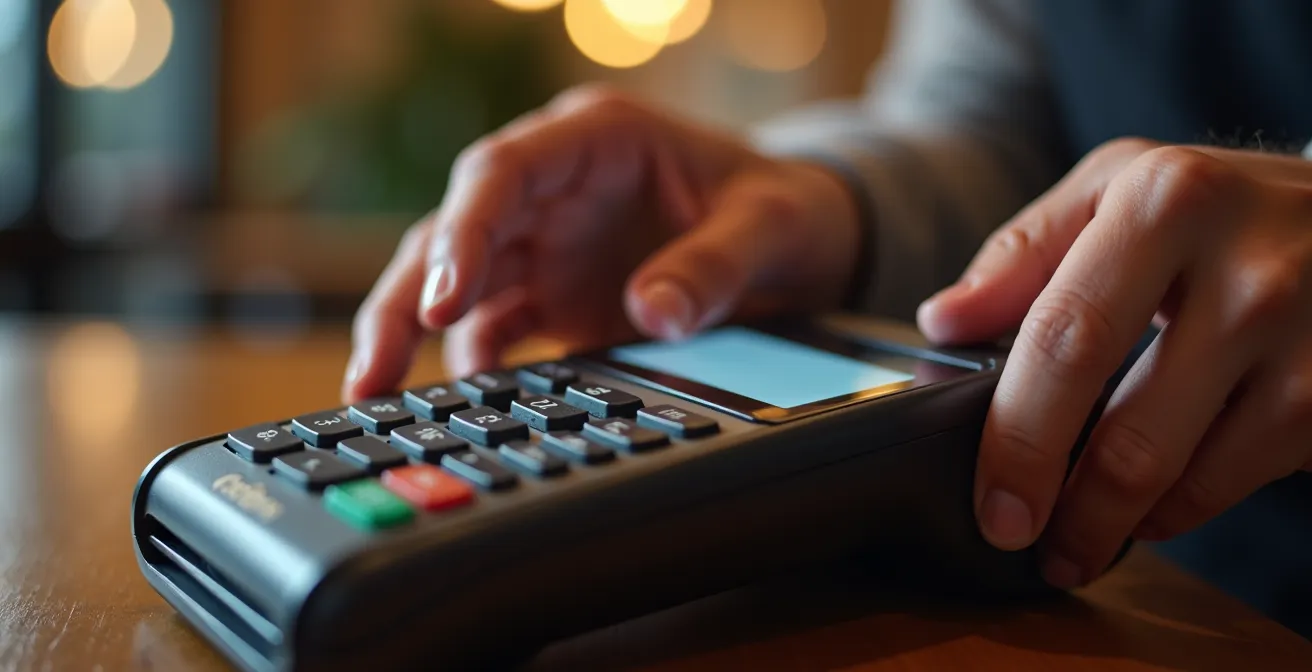 Gros plan sur les mains effectuant un paiement par carte avec terminal de paiement moderne