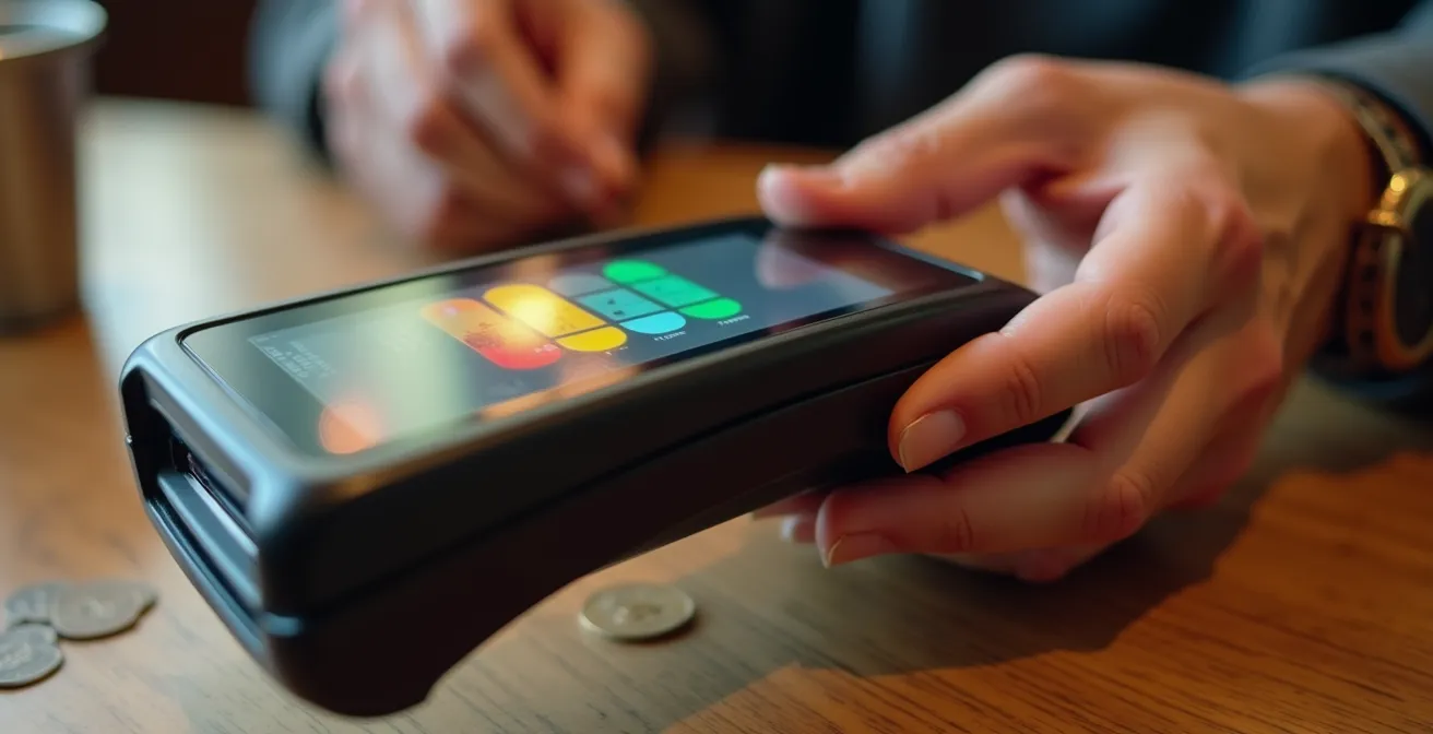 Terminal de paiement moderne dans un restaurant québécois montrant les options de pourboire