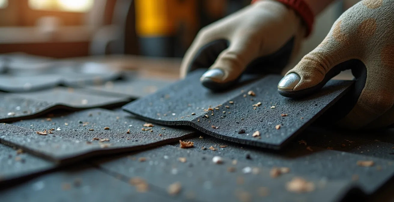 Main effectuant le test de pliage sur un bardeau d'asphalte montrant les signes de dégradation