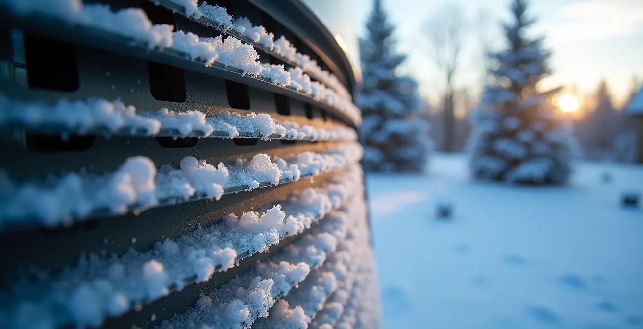 Thermopompe extérieure moderne fonctionnant par temps froid avec givre visible