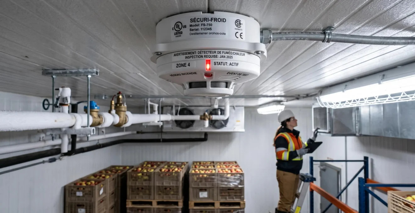 Détecteur de fumée professionnel installé au plafond d'une chambre froide industrielle dans une station fruitière, avec système de réfrigération visible en arrière-plan