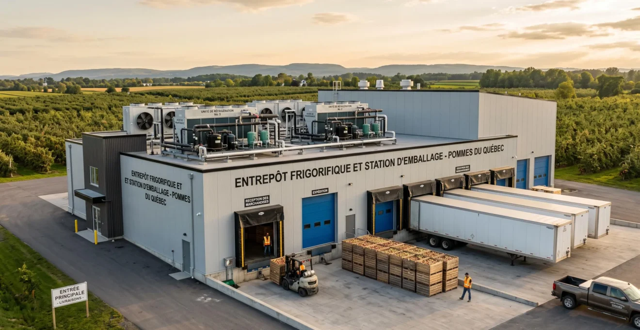 Installation de chambres froides d'une station fruitière au Québec, bâtiment industriel moderne avec systèmes de réfrigération visibles et quai de chargement, environnement rural de la Montérégie