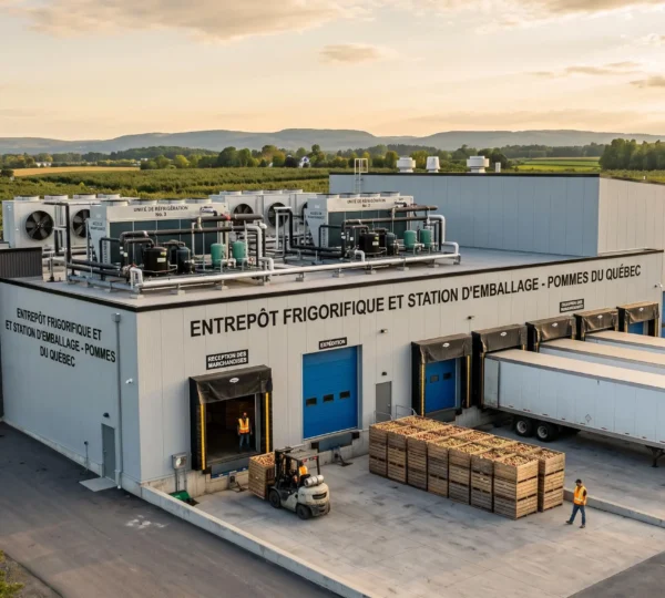 Installation de chambres froides d'une station fruitière au Québec, bâtiment industriel moderne avec systèmes de réfrigération visibles et quai de chargement, environnement rural de la Montérégie