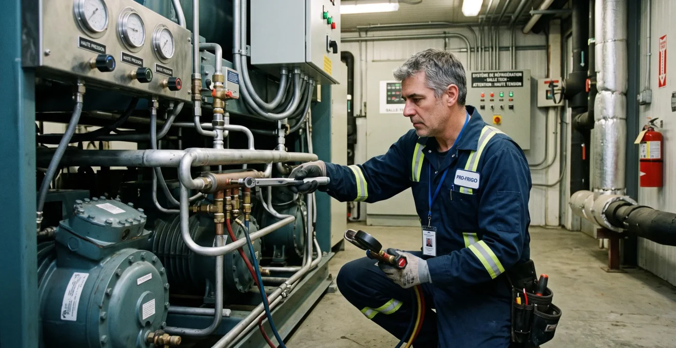 Technicien spécialisé effectuant une opération de maintenance préventive sur un système de réfrigération industriel dans une station fruitière québécoise